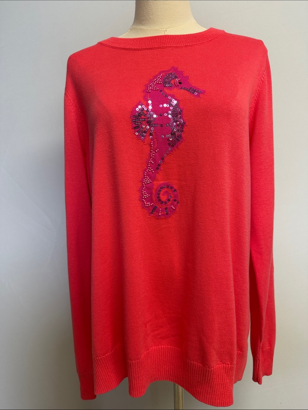 Belle By Kim Gravel Coral Rose Jeweled Seahorse Boatneck Sweater Size M
